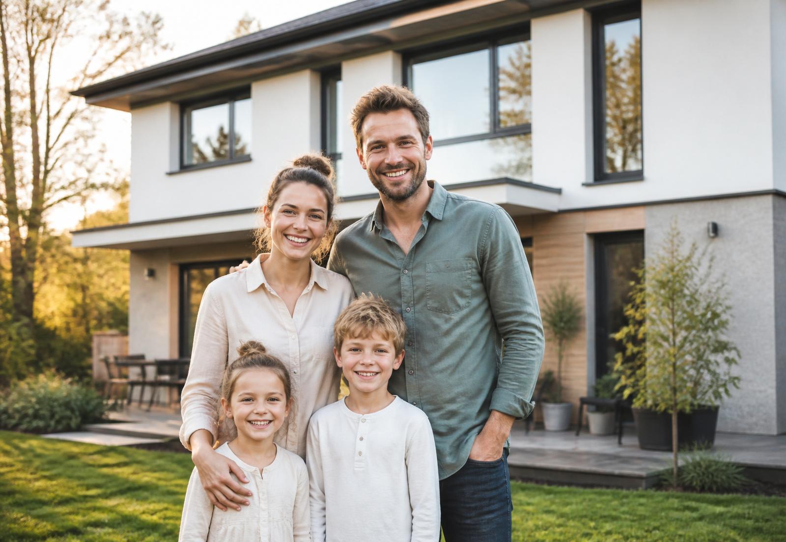 Familie vor ihrem neuen Haus